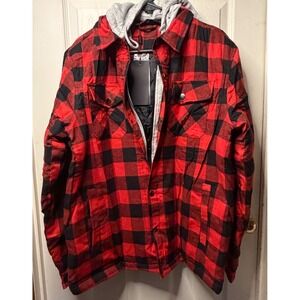 WULFUL Mens‎ Red Black Buffalo Plaid Quilted Lined Flannel Hooded Shirt Jacket M